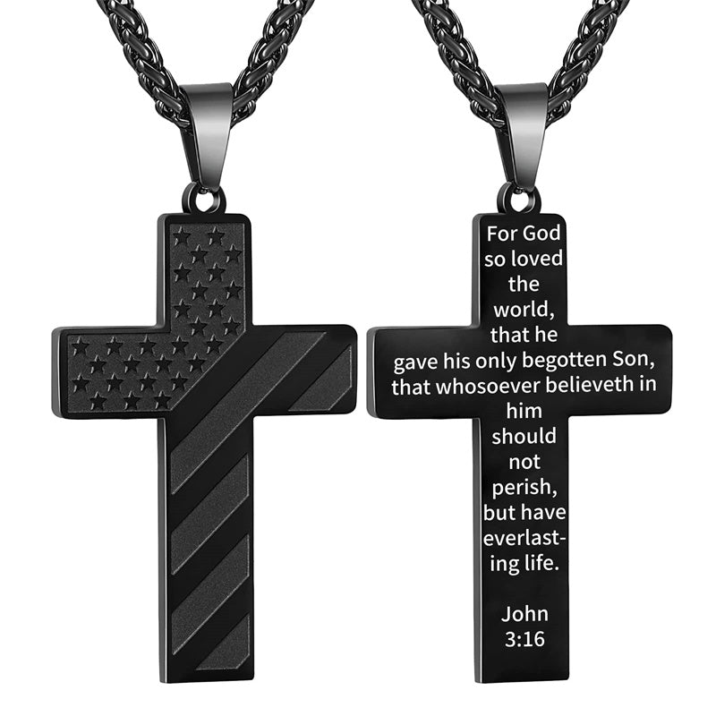 Stainless Steel American Flag Cross Pendant Necklace