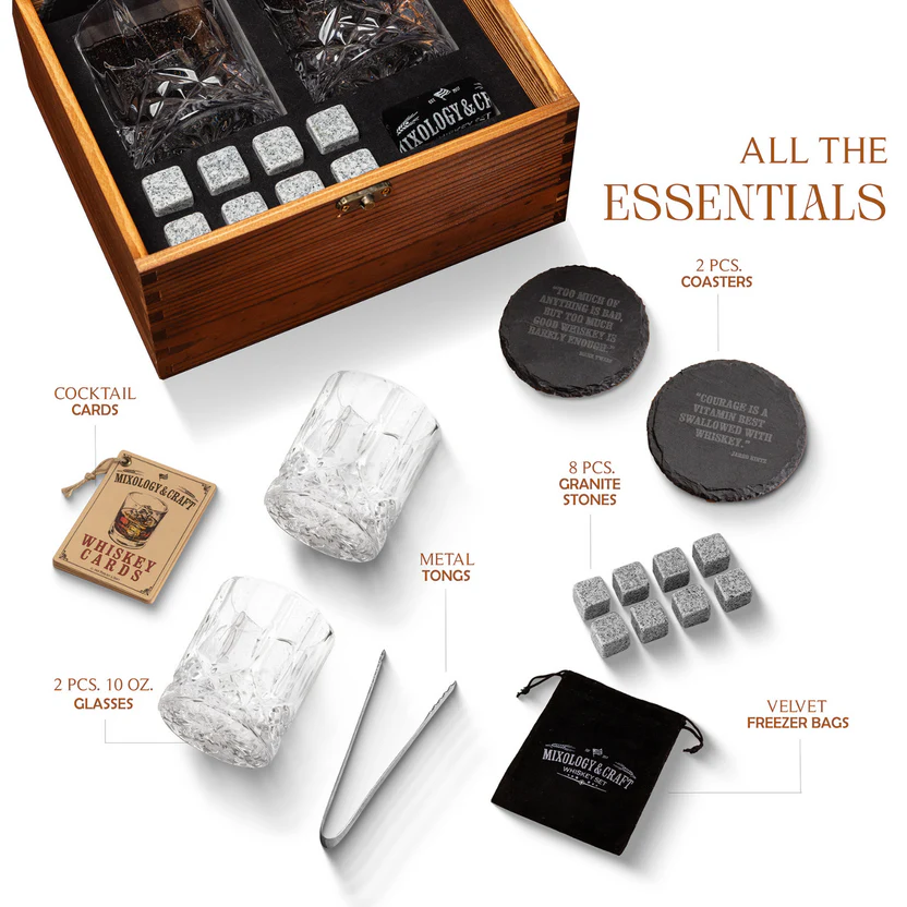 Whiskey Latch Crate Gift Set – 13-Piece with Diamond Glasses