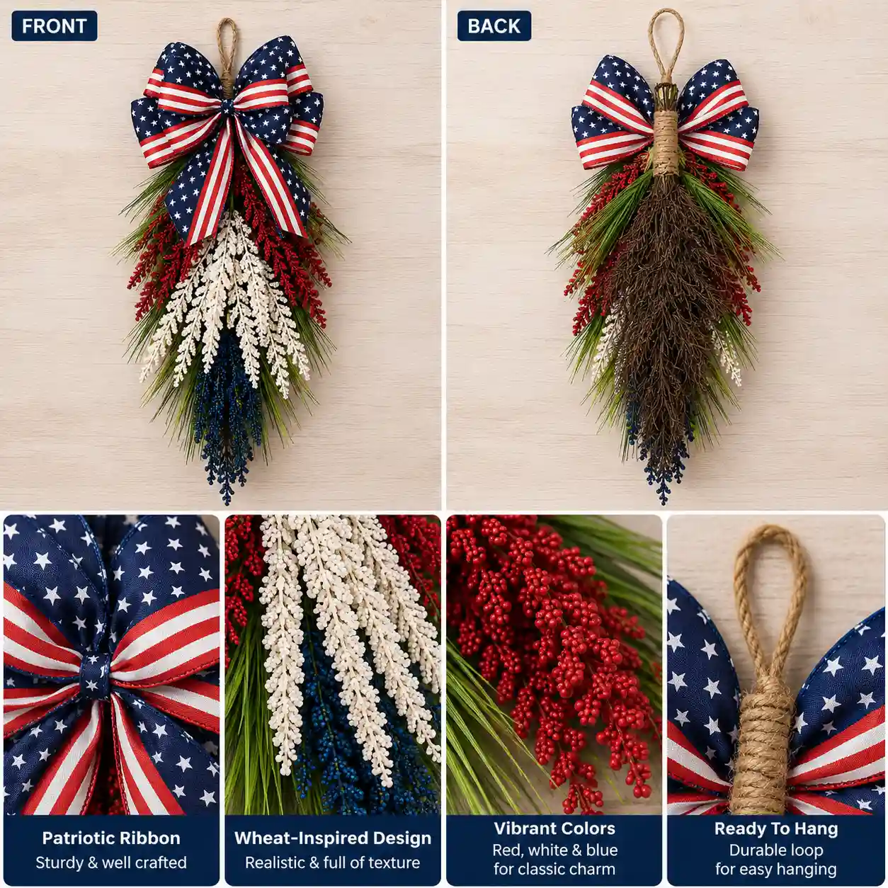 Harvest Door Swag Wreath – Red, White & Blue Hanging Decor