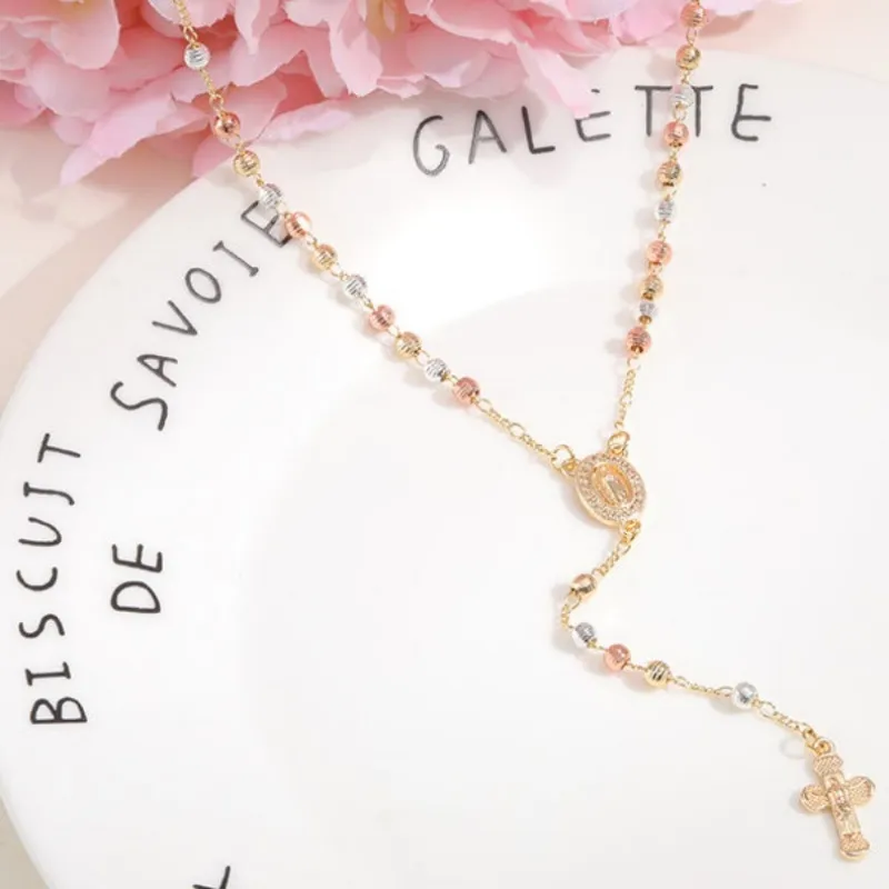 Gold Virgin Mary Rosary Cross Necklace