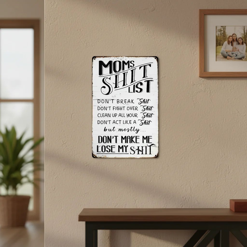 ❤️"Mom’s Shit List" Funny Metal Sign – Sarcastic Tin Plaque for the Queen of the House