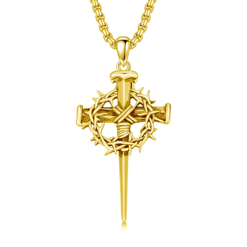 Crown of Thorn Three Nail Cross Pendant Necklace