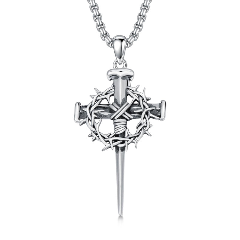 Crown of Thorn Three Nail Cross Pendant Necklace