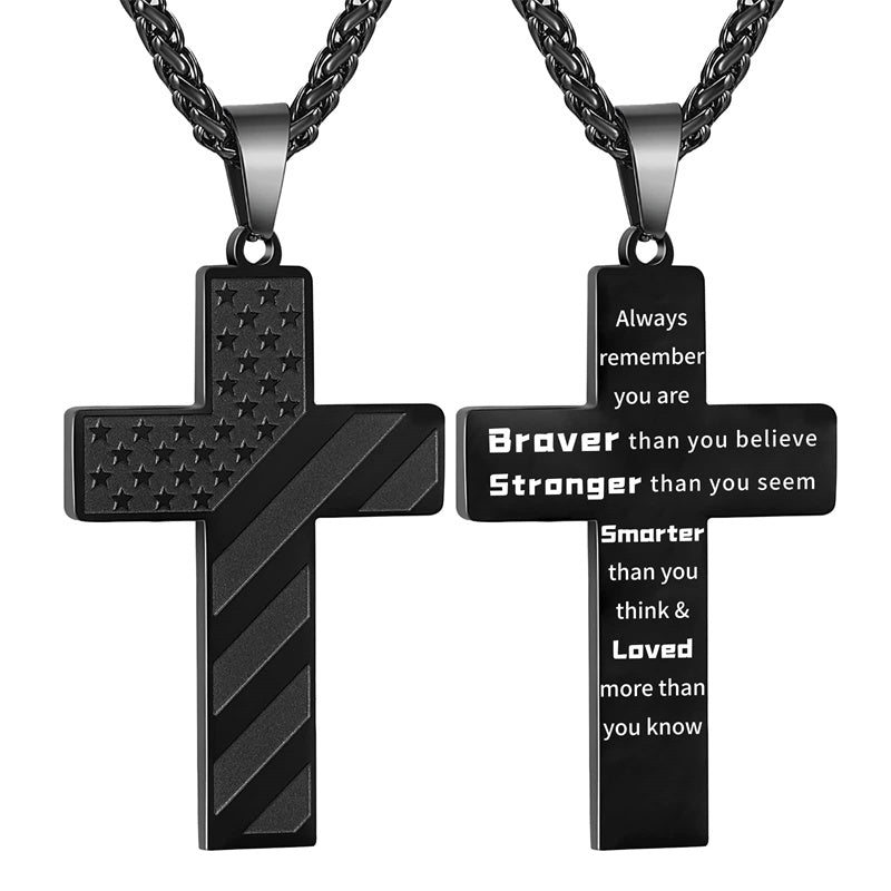 Stainless Steel American Flag Cross Pendant Necklace