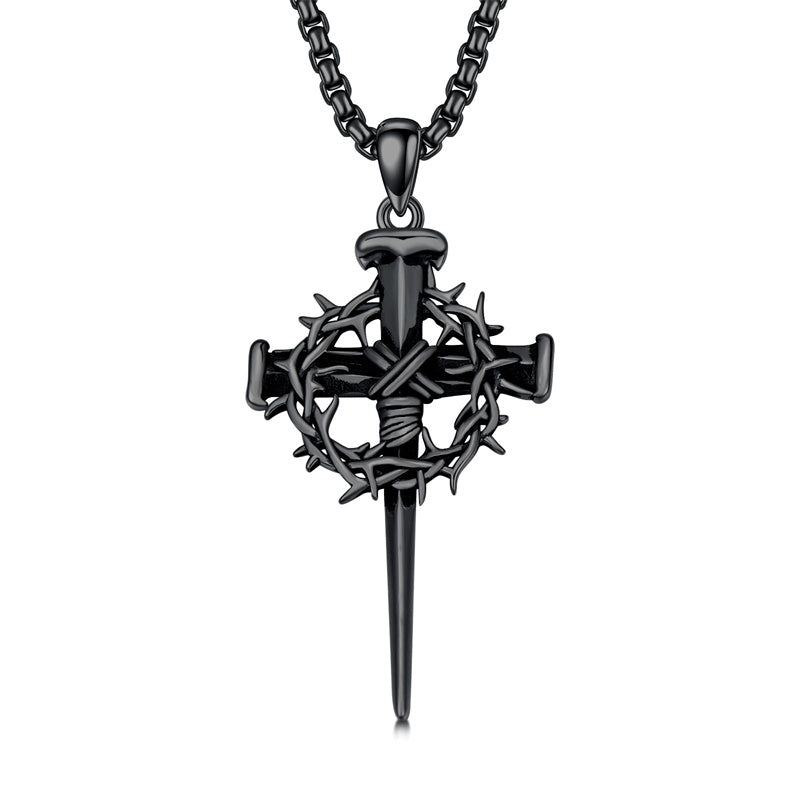 Crown of Thorn Three Nail Cross Pendant Necklace
