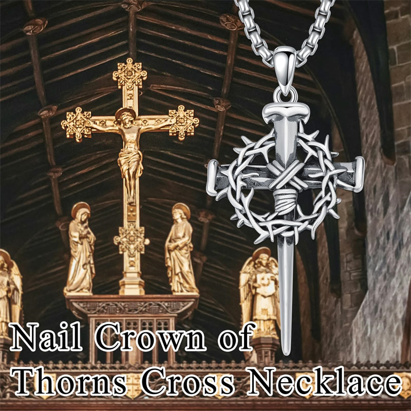 Crown of Thorn Three Nail Cross Pendant Necklace