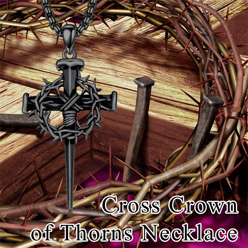 Crown of Thorn Three Nail Cross Pendant Necklace