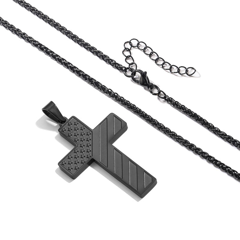 Stainless Steel American Flag Cross Pendant Necklace