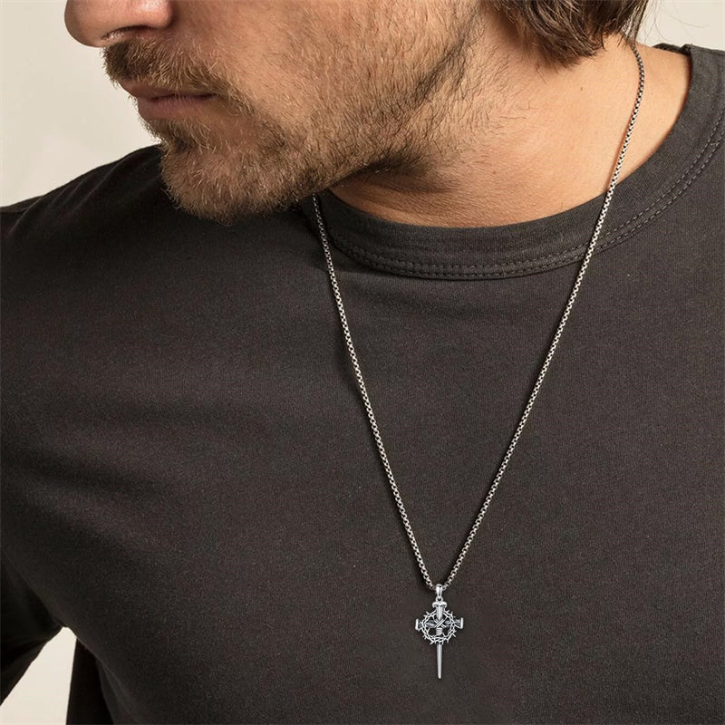 Crown of Thorn Three Nail Cross Pendant Necklace