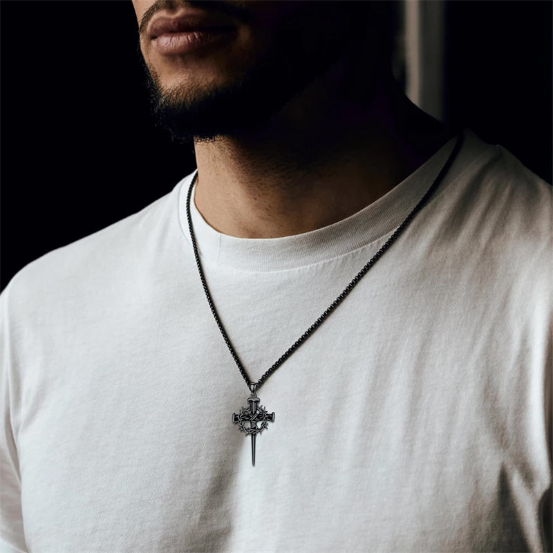Crown of Thorn Three Nail Cross Pendant Necklace