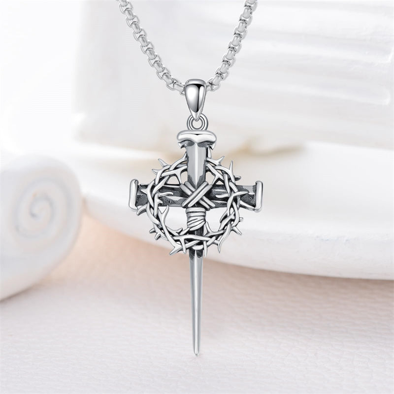 Crown of Thorn Three Nail Cross Pendant Necklace