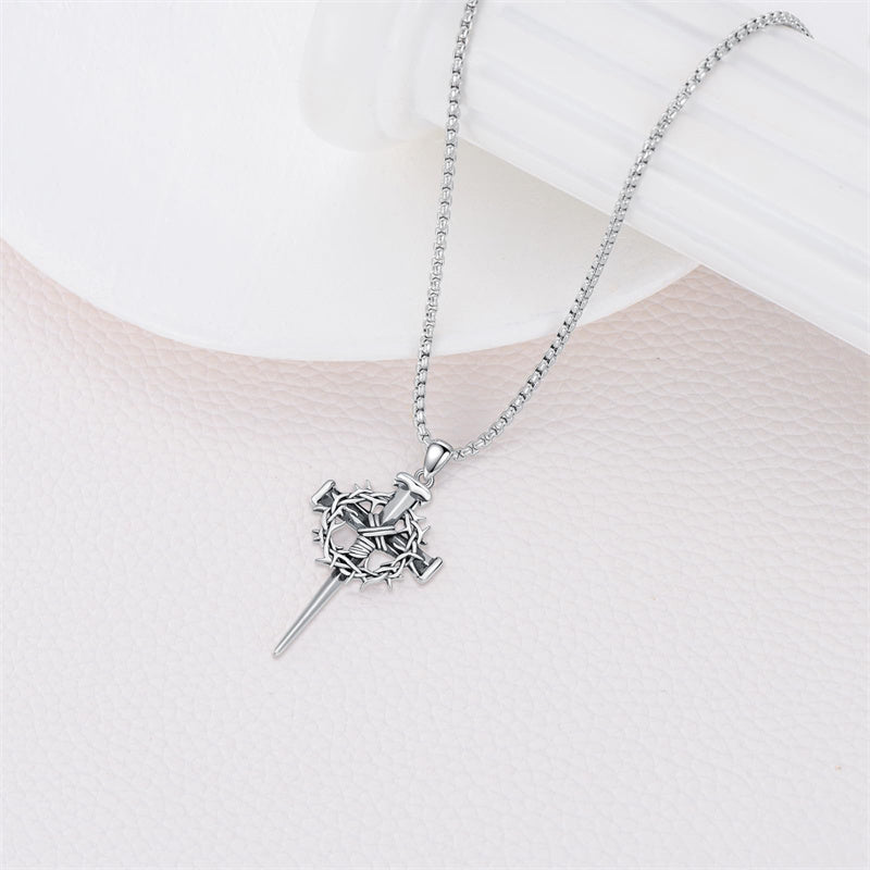 Crown of Thorn Three Nail Cross Pendant Necklace