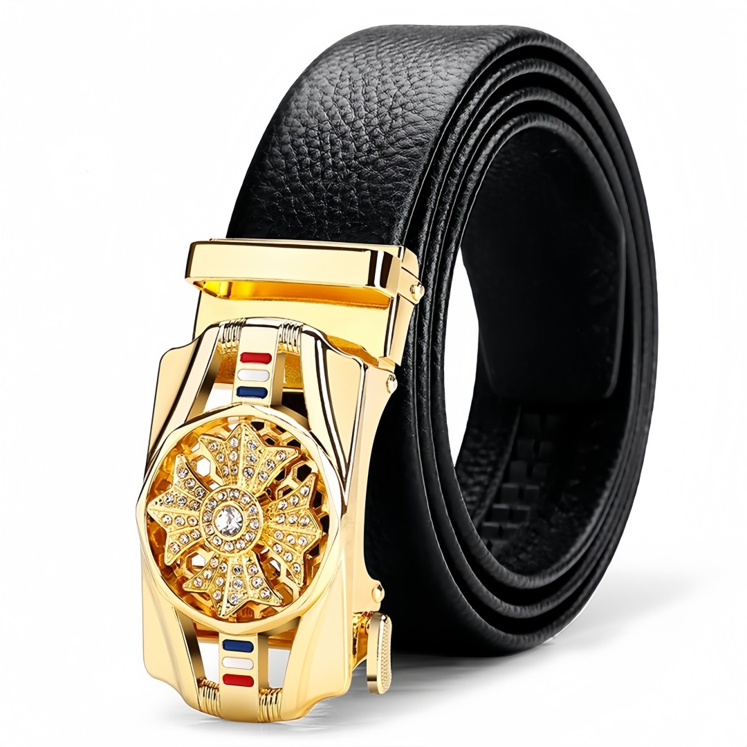 Men’s Automatic Buckle Leather Belt with Rotating Wheel Buckle