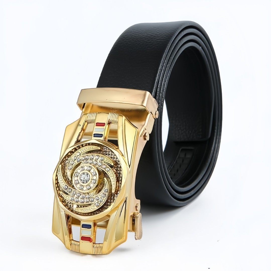 Men’s Automatic Buckle Leather Belt with Rotating Wheel Buckle