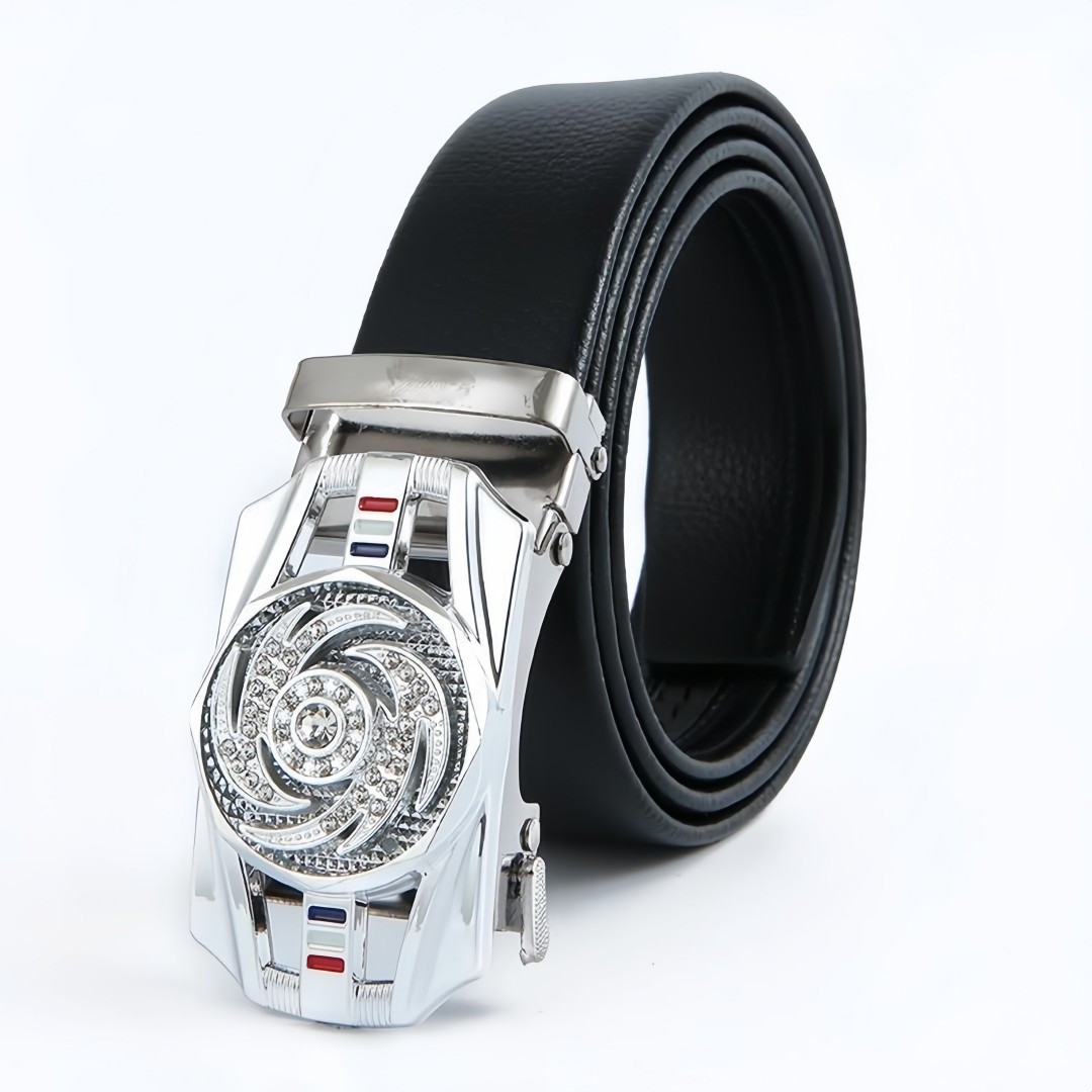 Men’s Automatic Buckle Leather Belt with Rotating Wheel Buckle