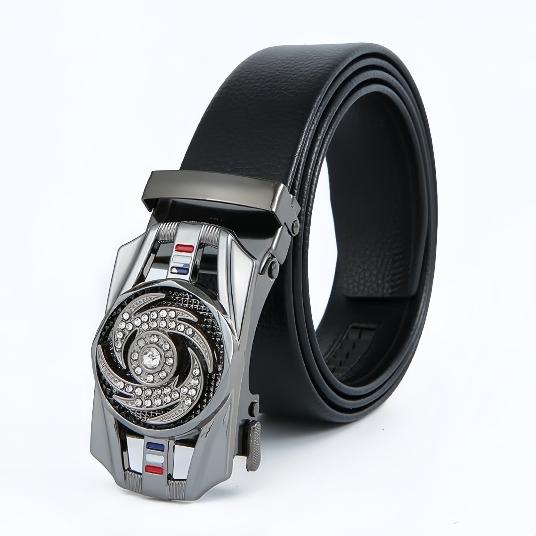 Men’s Automatic Buckle Leather Belt with Rotating Wheel Buckle