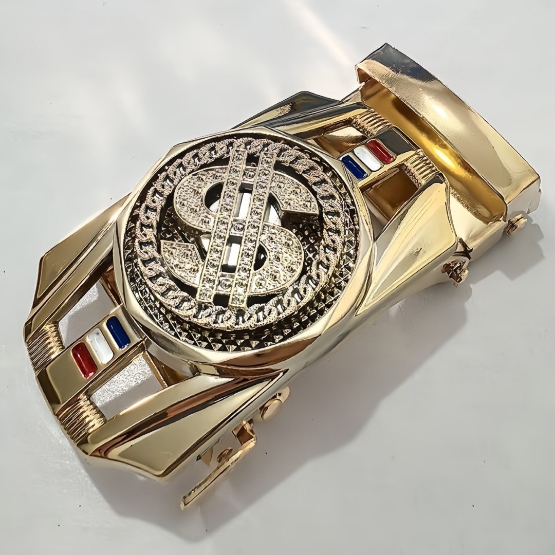 Men’s Automatic Buckle Leather Belt with Rotating Wheel Buckle