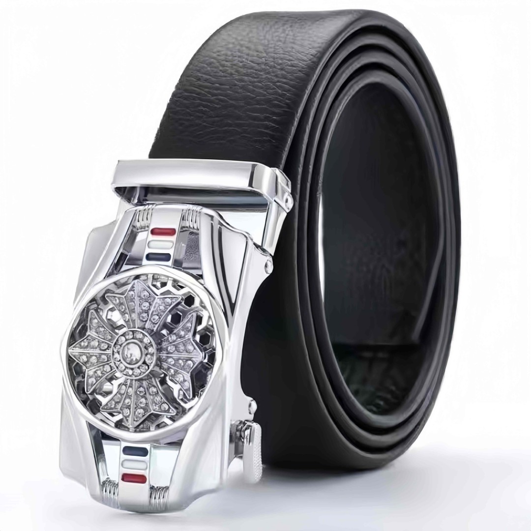 Men’s Automatic Buckle Leather Belt with Rotating Wheel Buckle