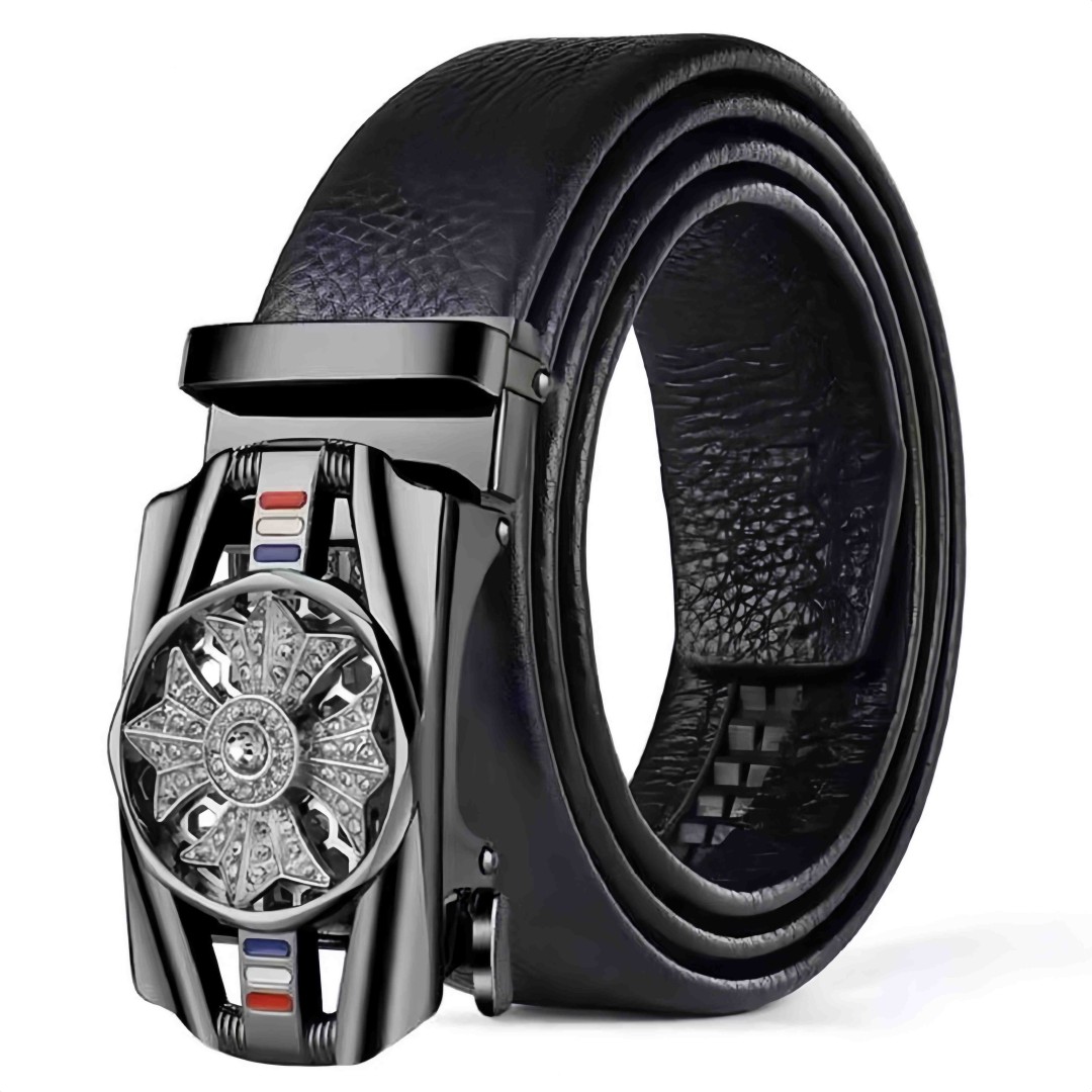 Men’s Automatic Buckle Leather Belt with Rotating Wheel Buckle