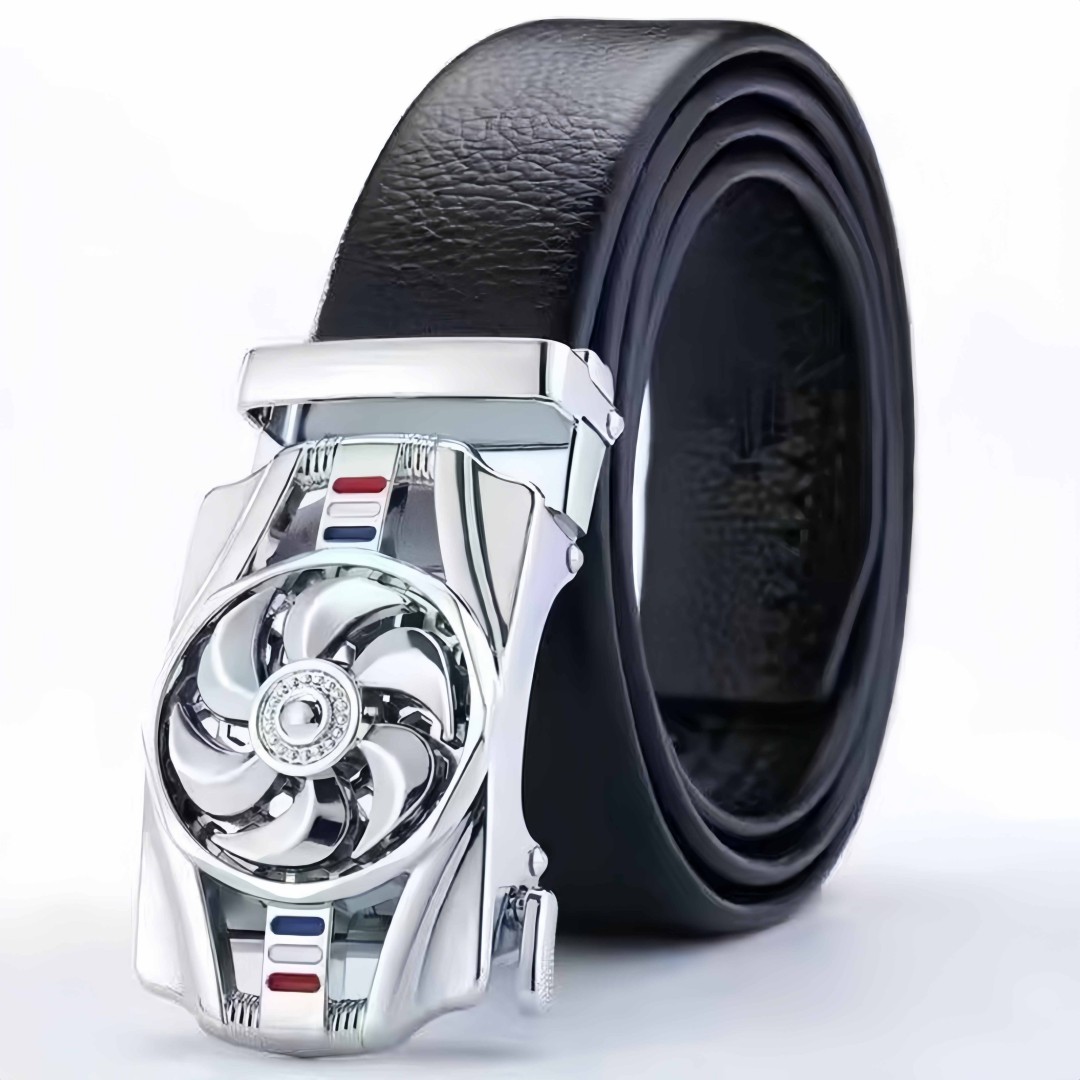 Men’s Automatic Buckle Leather Belt with Rotating Wheel Buckle