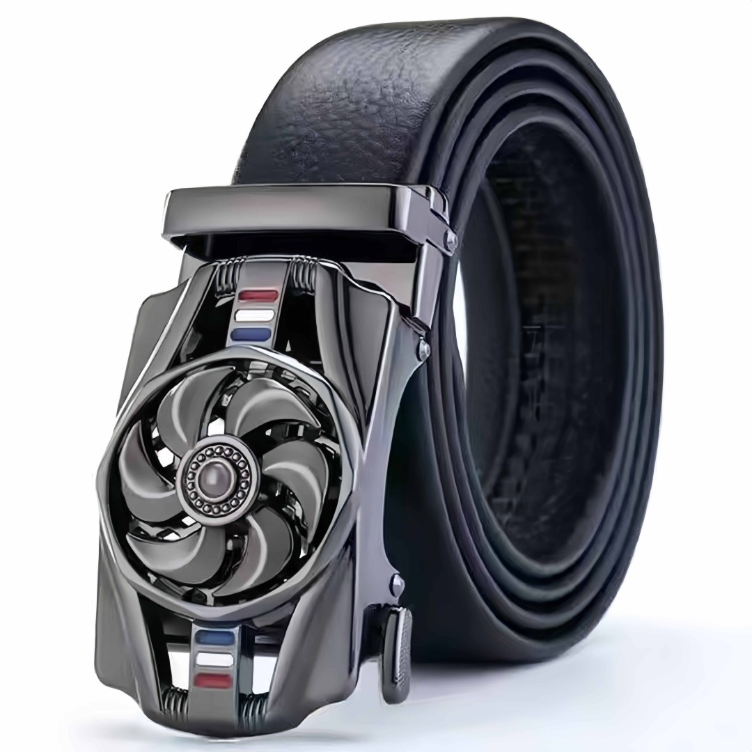 Men’s Automatic Buckle Leather Belt with Rotating Wheel Buckle