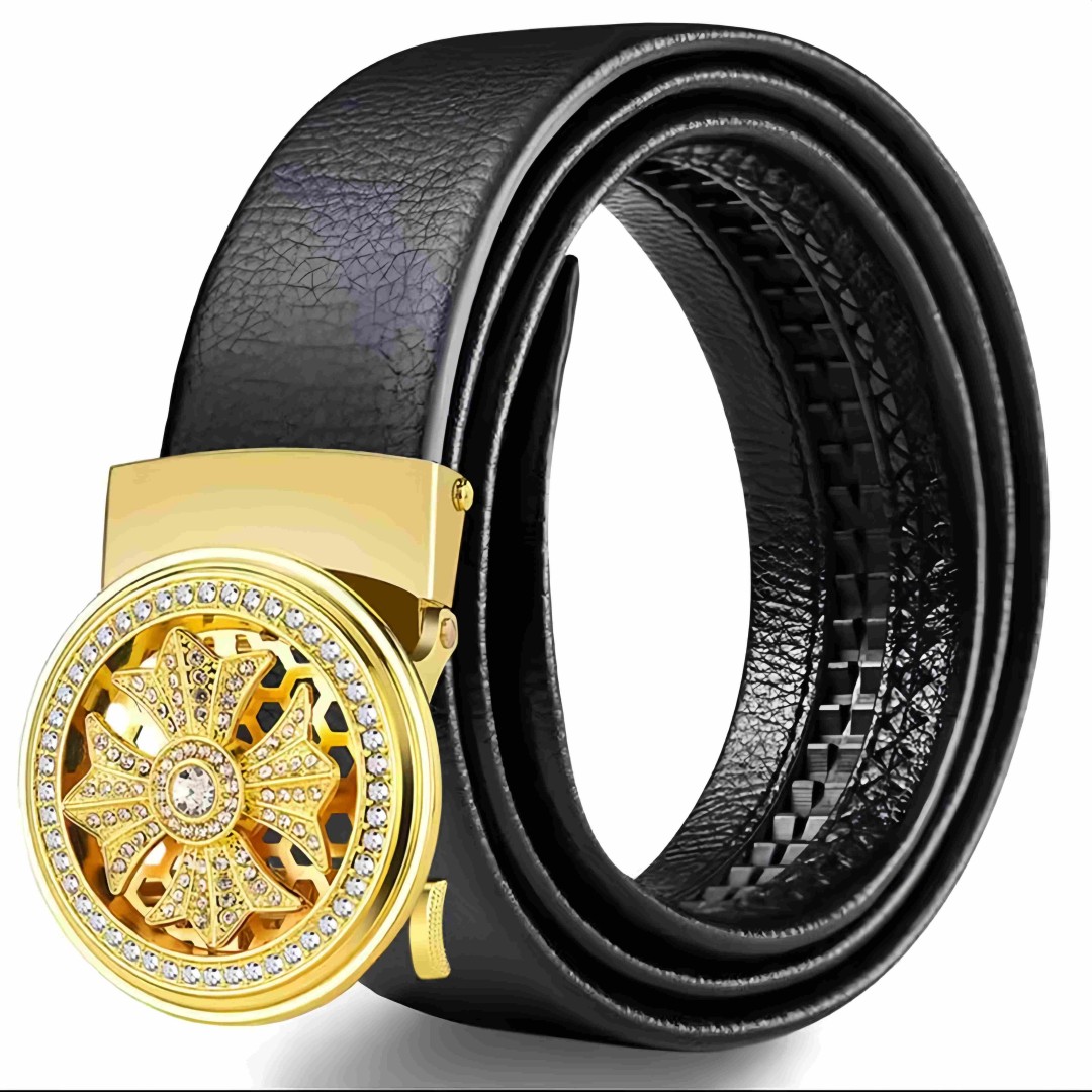 Men’s Automatic Buckle Leather Belt with Rotating Wheel Buckle
