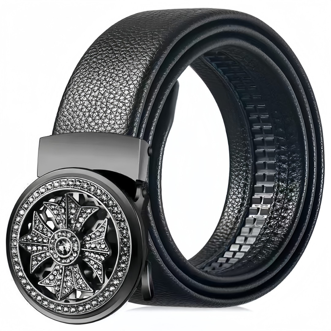 Men’s Automatic Buckle Leather Belt with Rotating Wheel Buckle