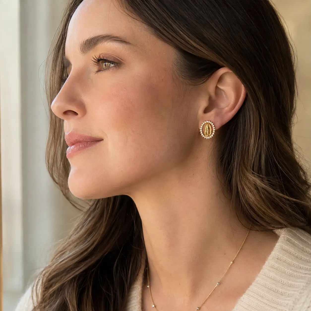 Virgin Mary Crystal Halo Stud Earrings