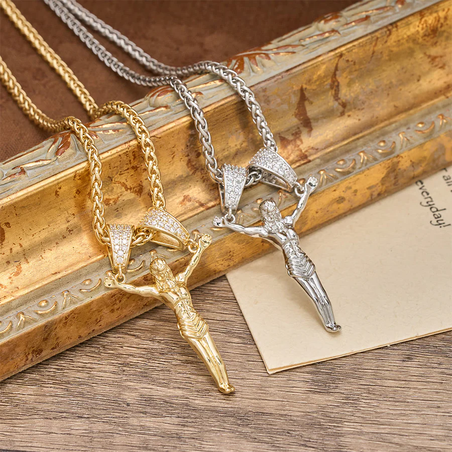Zircon Embellished Moving Crucifix Necklace