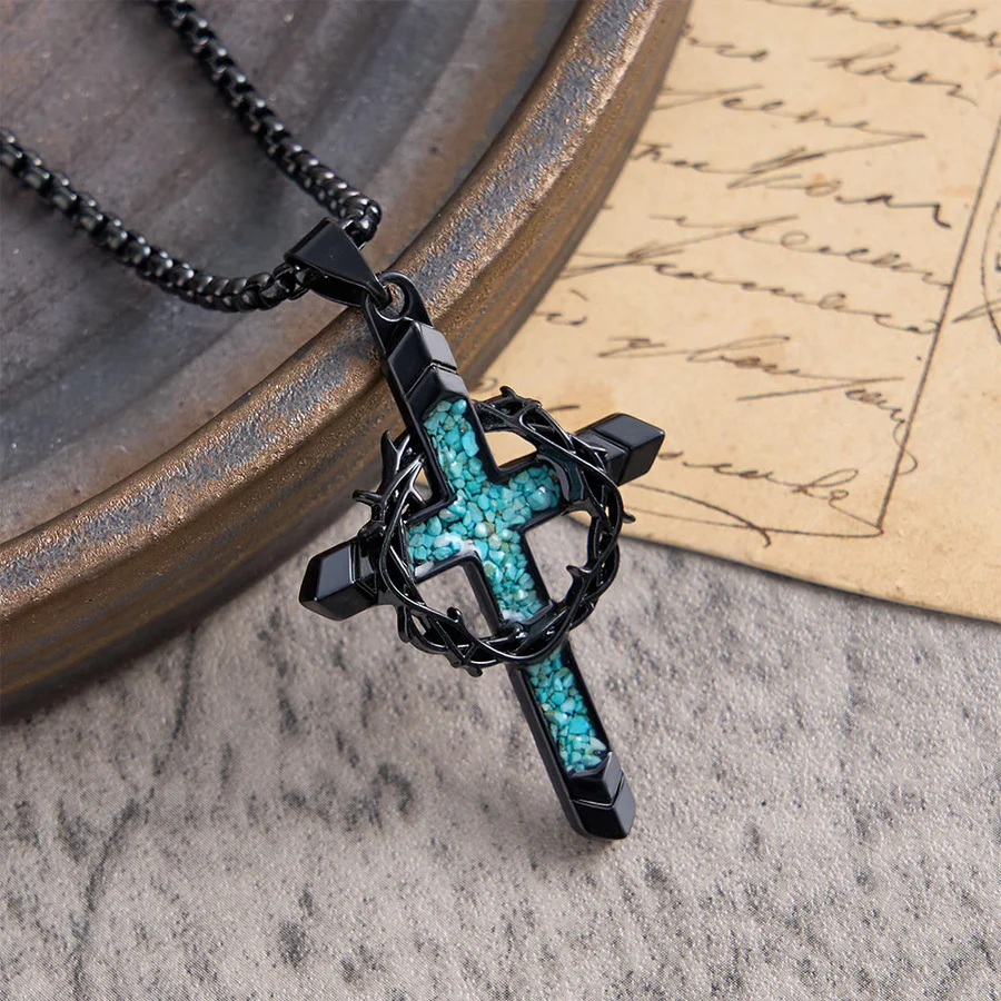 Thorn-Wrapped Inlaid Cross Pendant Necklace
