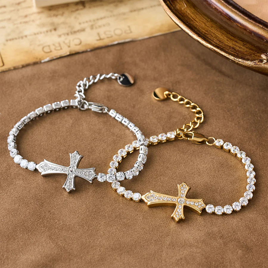 2-Color Elegant Zircon-Encrusted Cross Bracelet: A Symbol of Divine Grace & Elegance