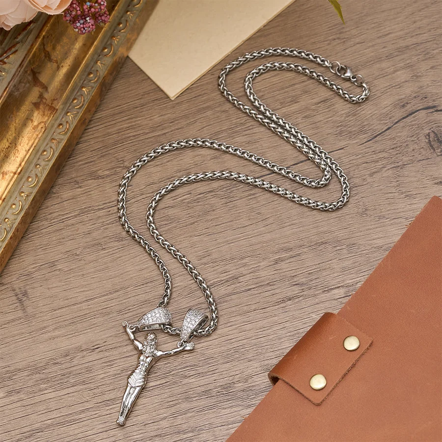 Zircon Embellished Moving Crucifix Necklace
