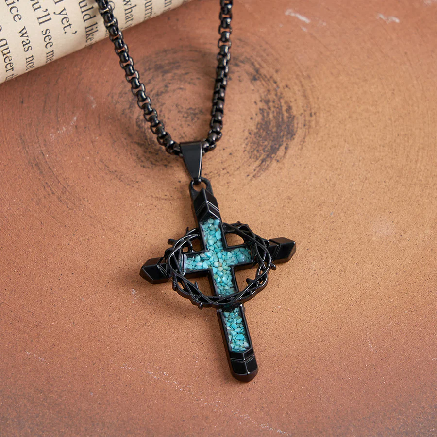 Thorn-Wrapped Inlaid Cross Pendant Necklace