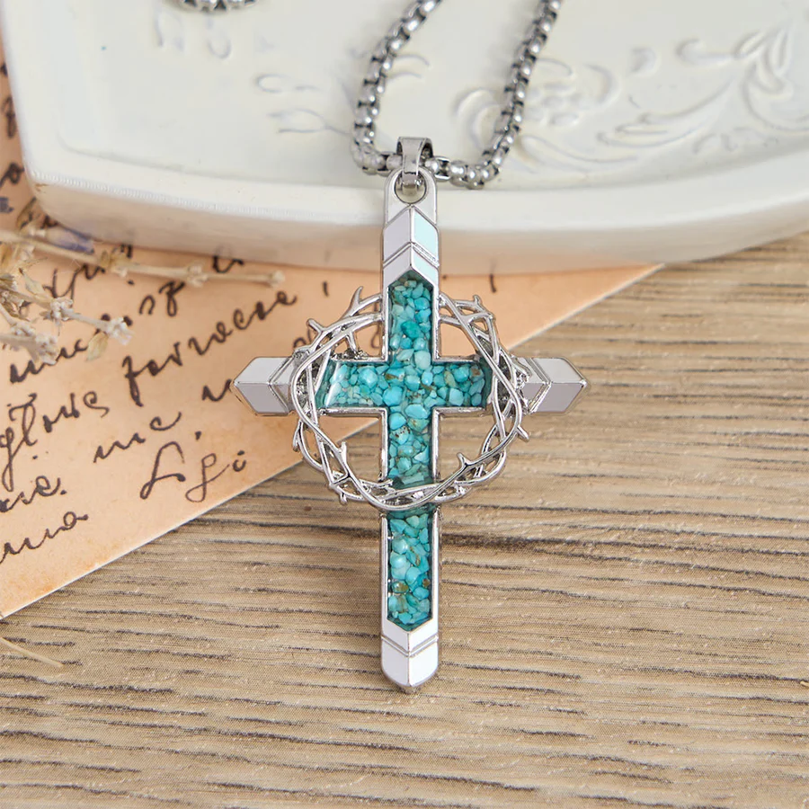 Thorn-Wrapped Inlaid Cross Pendant Necklace