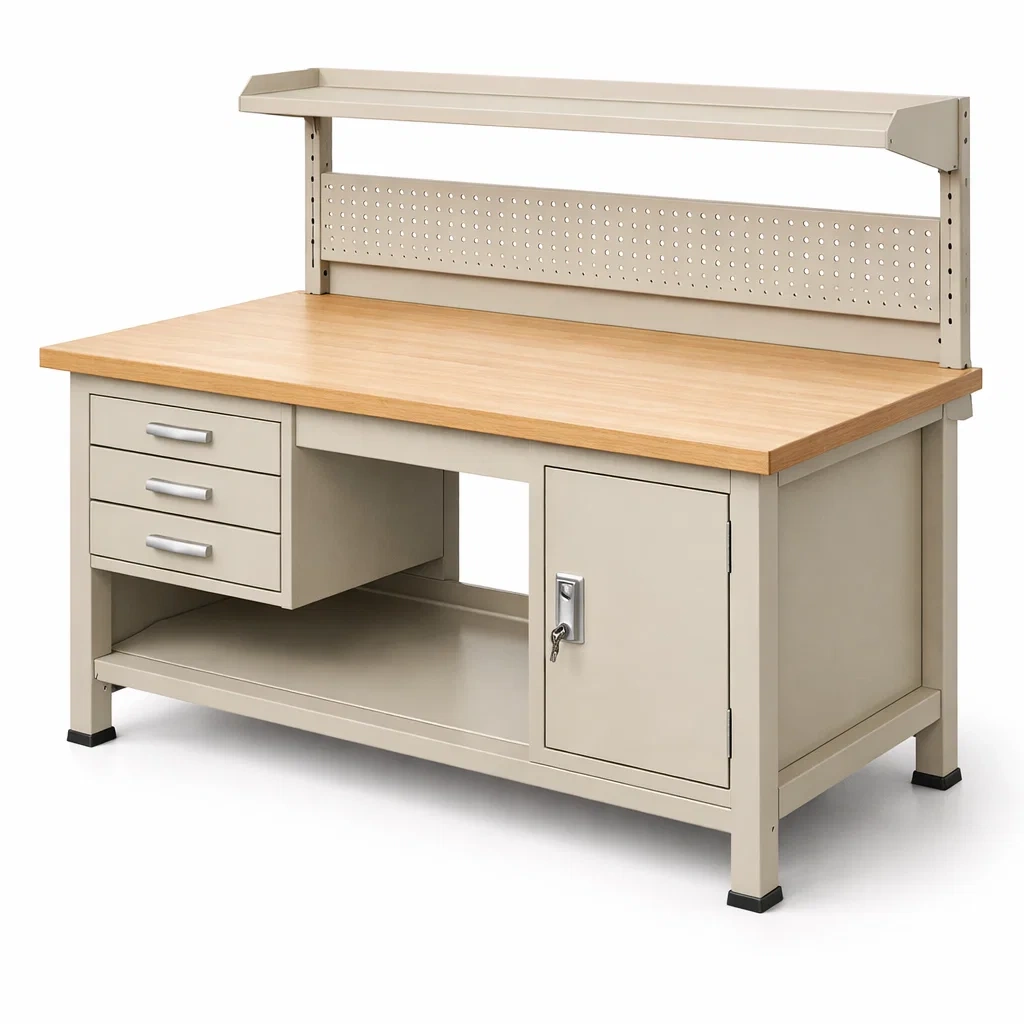 éTabli en acier avec plateau en bois et tiroirs 150x75x90 cm-homelayered