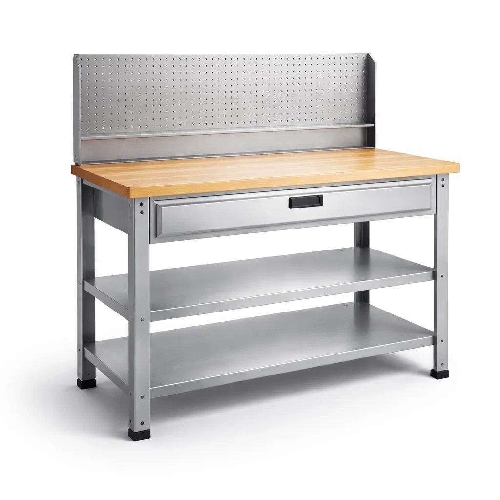 éTabli en métal avec plateau en bois massif et rangements-homelayered