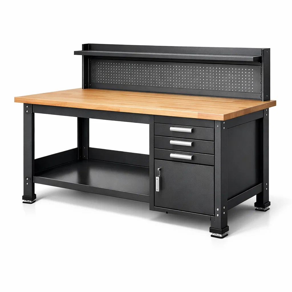 éTabli en bois et métal avec tiroirs et étagère 152x61x106 cm-homelayered