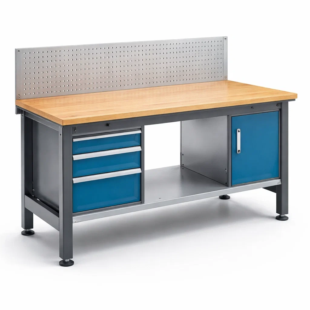 éTabli en bois et métal avec tiroirs bleus et panneau perforé-homelayered