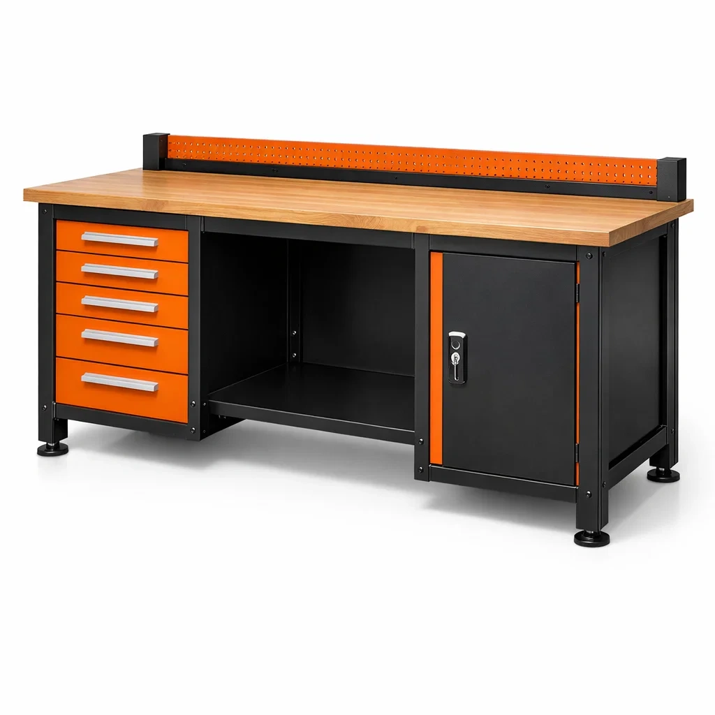 éTabli en métal orange et noir avec plateau en bois 5 tiroirs et placard-homelayered