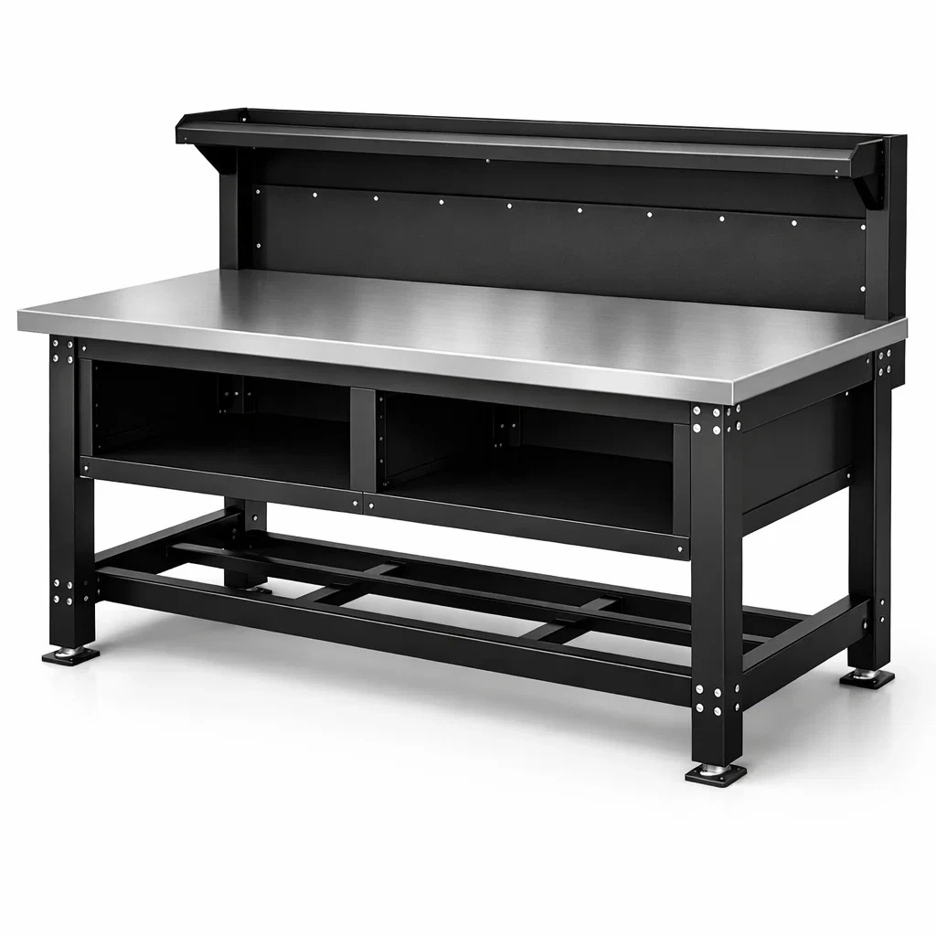 éTabli en métal noir avec plateau en acier inoxydable-homelayered