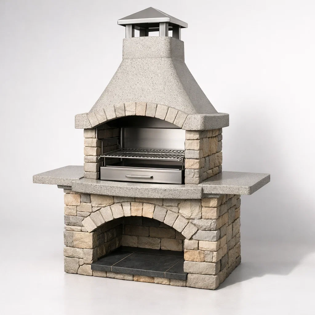 Barbecue en pierre béton et acier inoxydable 120x70x200 cm-homelayered