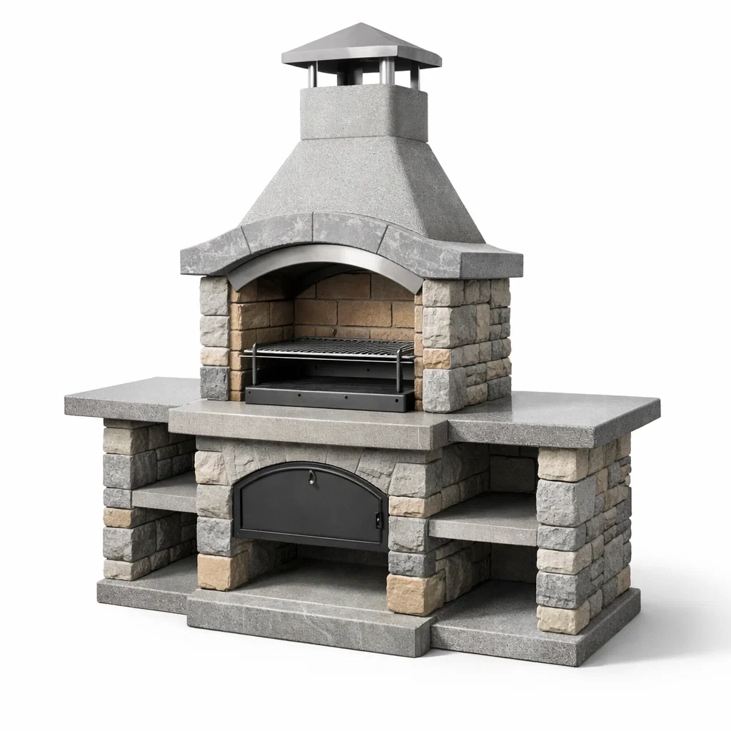 Barbecue en pierre et béton gris avec hotte-homelayered