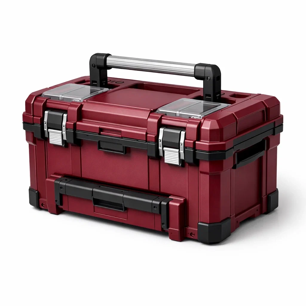 Boîte à outils en plastique rouge avec poignées et fermetures métalliques 52x30x27 cm-homelayered