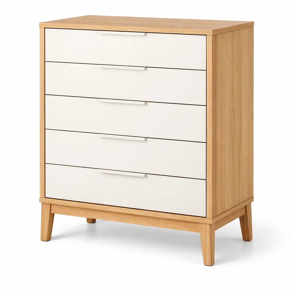 Commode en contreplaqué et mdf blanc et bois naturel avec 5 tiroirs-dwellinspire