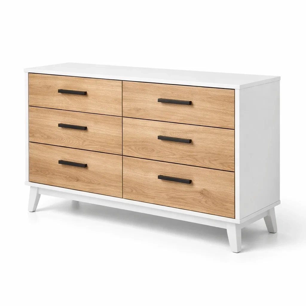 Commode en mdf blanc et chêne clair avec 6 tiroirs-dwellinspire