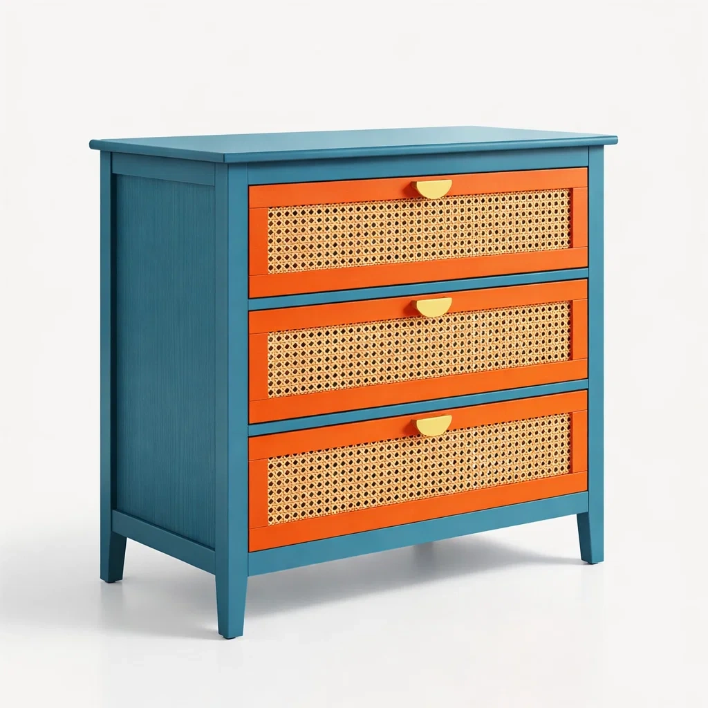 Commode en bois et rotin bleu et orange avec 3 tiroirs 70x40x80 cm-dwellinspire