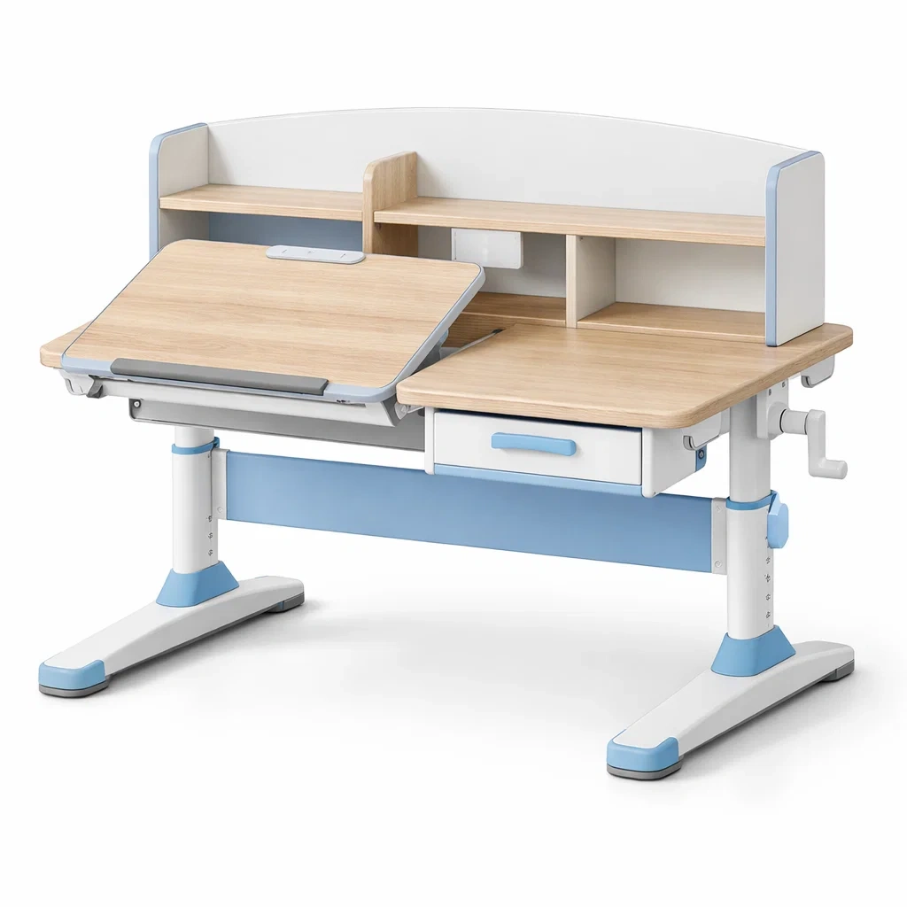 Bureau pour enfant en mdf blanc et bleu avec étagères et tiroir réglable-dwellinspire