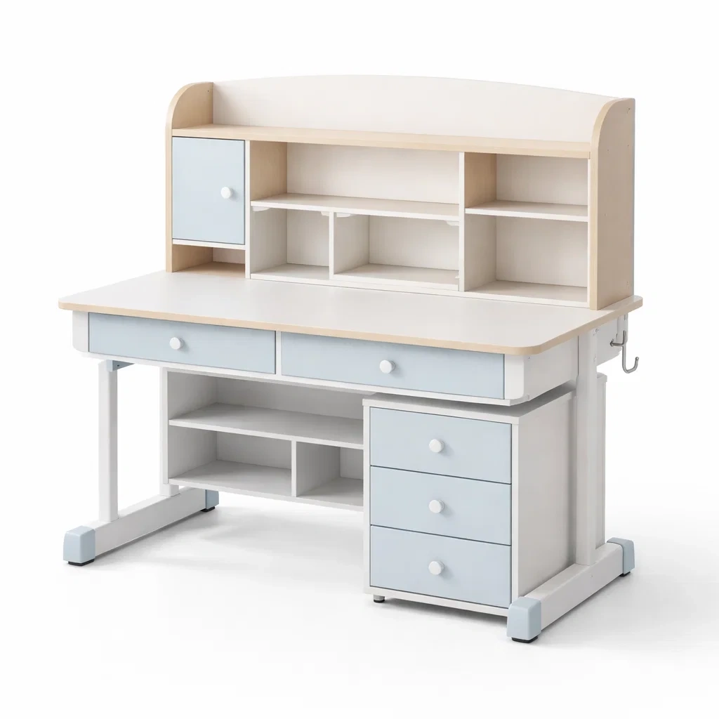 Bureau pour enfant en mdf blanc et bleu avec étagères et tiroirs-dwellinspire