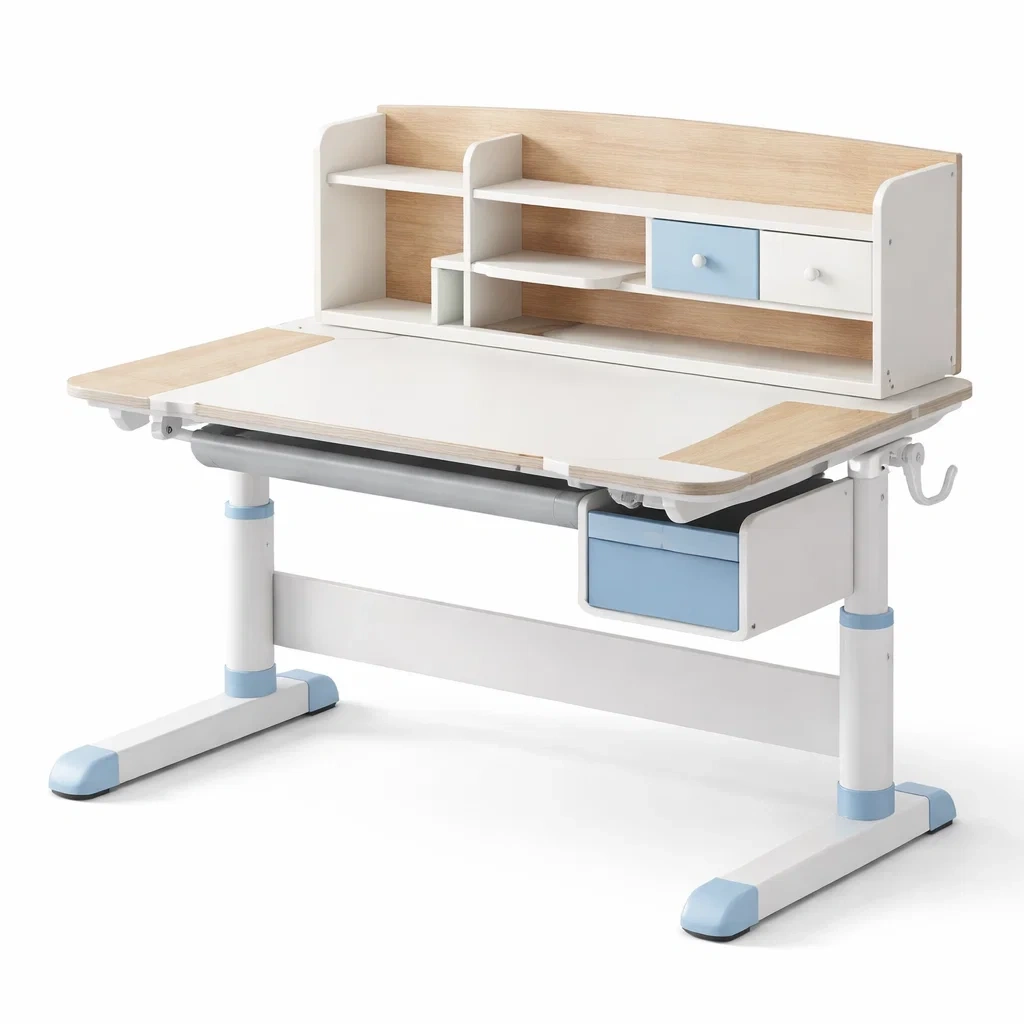 Bureau pour enfant réglable en mdf blanc et bleu avec étagères-dwellinspire