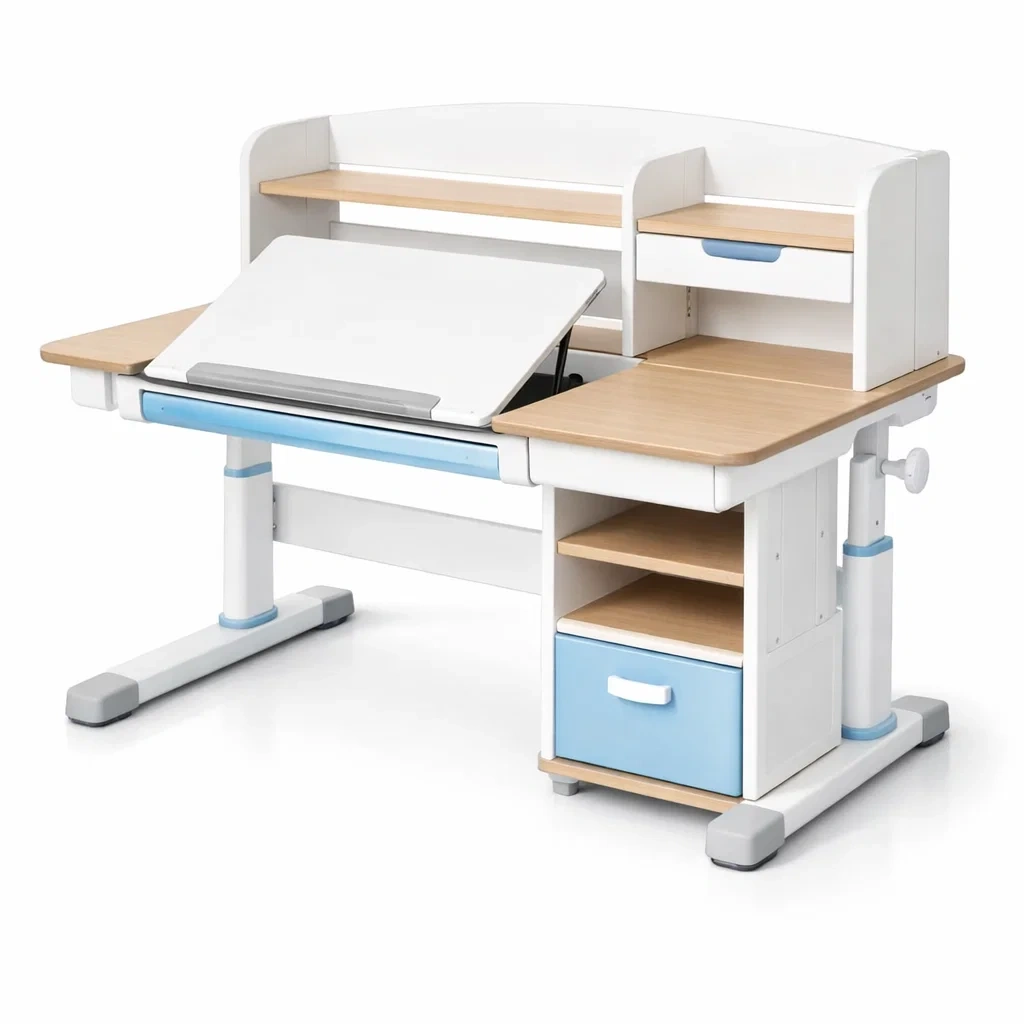 Bureau pour enfant réglable en hauteur en bois et mdf blanc et bleu avec étagères et tiroir-dwellinspire